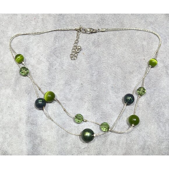 Whimsical Layered Green And Silver Tone Station Necklace - Picture 5 of 6